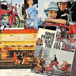Some people have all the fun!!! 3 fabulous Honda ads from the mid 1960s! 2 full sized ads and a double ad in 2 separate pages.
