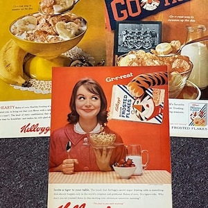 3 Awesome Frosted Flakes Advertisements each from the 1960’s. Great look for your retro breakfast nook! Perfect Housewarming gift!