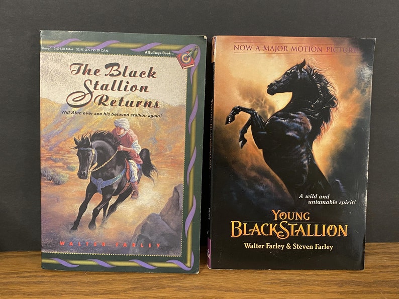Pu&ograve; includere: Due libri tascabili sul Black Stallion. Il libro a sinistra &egrave; intitolato "The Black Stallion Returns" e presenta un cavallo nero con un cavaliere. Il libro a destra &egrave; intitolato "Young Black Stallion" e presenta un cavallo nero che si impenna. Entrambi i libri hanno un bordo verde e viola.