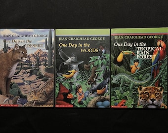 3 livres Jean Craighead George Nature ; Un jour dans les bois, un jour dans la forêt tropicale, un jour dans le désert, SC 1998-99 1re éducation scolaire