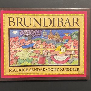 May include: A children's book cover with a red, yellow, and brown border. The title "BRUNDIBAR" is in large, bold, black letters. The cover features an illustration of two children in a whimsical setting with a night sky and a moon.