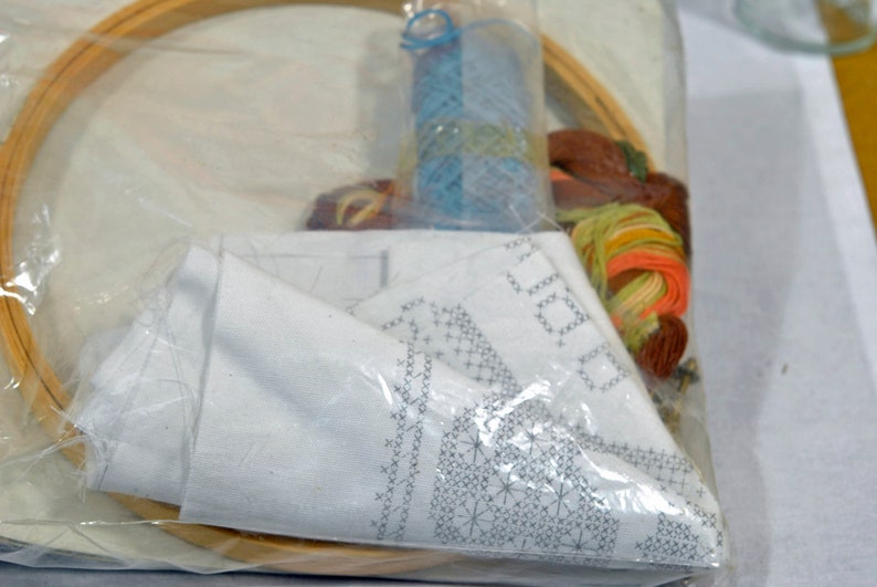 Puede incluir: Un kit de bordado de punto de cruz con una tela blanca, un aro de bordado de madera y hilo de bordar de colores.