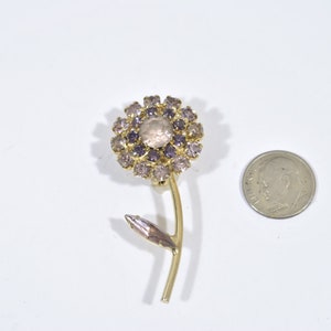 May include: A gold-toned flower brooch with a clear center stone and purple rhinestones. The flower has a stem and a leaf.