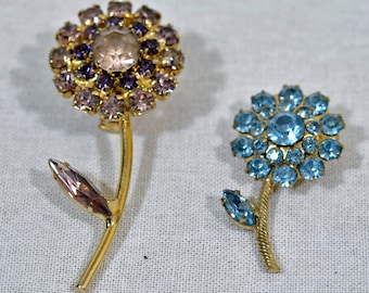 Rhinestone Flower Brooches - Vintage set of 2