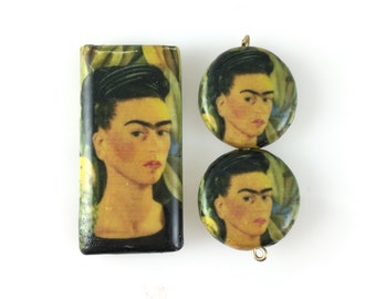 Three of matched Frida Kahlo Decoupage Beads
