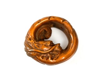 One Hand Carved boxwood Ojime bead-Dragon in Circle
