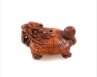 One Hand Carved boxwood Ojime bead-Dragon Turtle