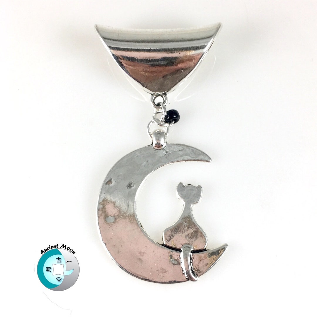 Colgante De Plata De Ley 925 - Gato En Luna Creciente, Joyería De Brujería Y Magia