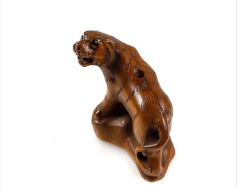 One Hand Carved boxwood Ojime Tiger bead
