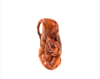 One Hand Carved boxwood Ojime Crouching Tiger bead