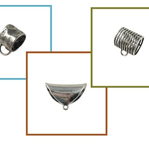 May include: Three silver-toned metal jewelry findings are displayed against a white background, each within a colored square. The findings include a textured cup-shaped bead, a ribbed cylindrical bead, and a curved bail, all with small loops for attaching to other components.