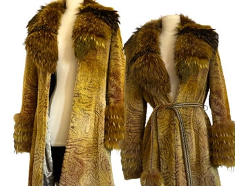 Rare vintage 1970s 100% authentic lamb skin Racoon full Fur trim Yellow coat Art To Wear burning man festival Penny Lane winter custom dyed
