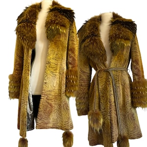 Rare vintage 1970s 100% authentic lamb skin Racoon full Fur trim Yellow coat Art To Wear burning man festival Penny Lane winter custom dyed