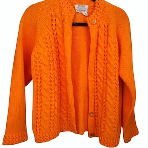 Vintage 1970s Bright Orange Cable Knit Chunky Button Down Cardigan Grandpa Sweater