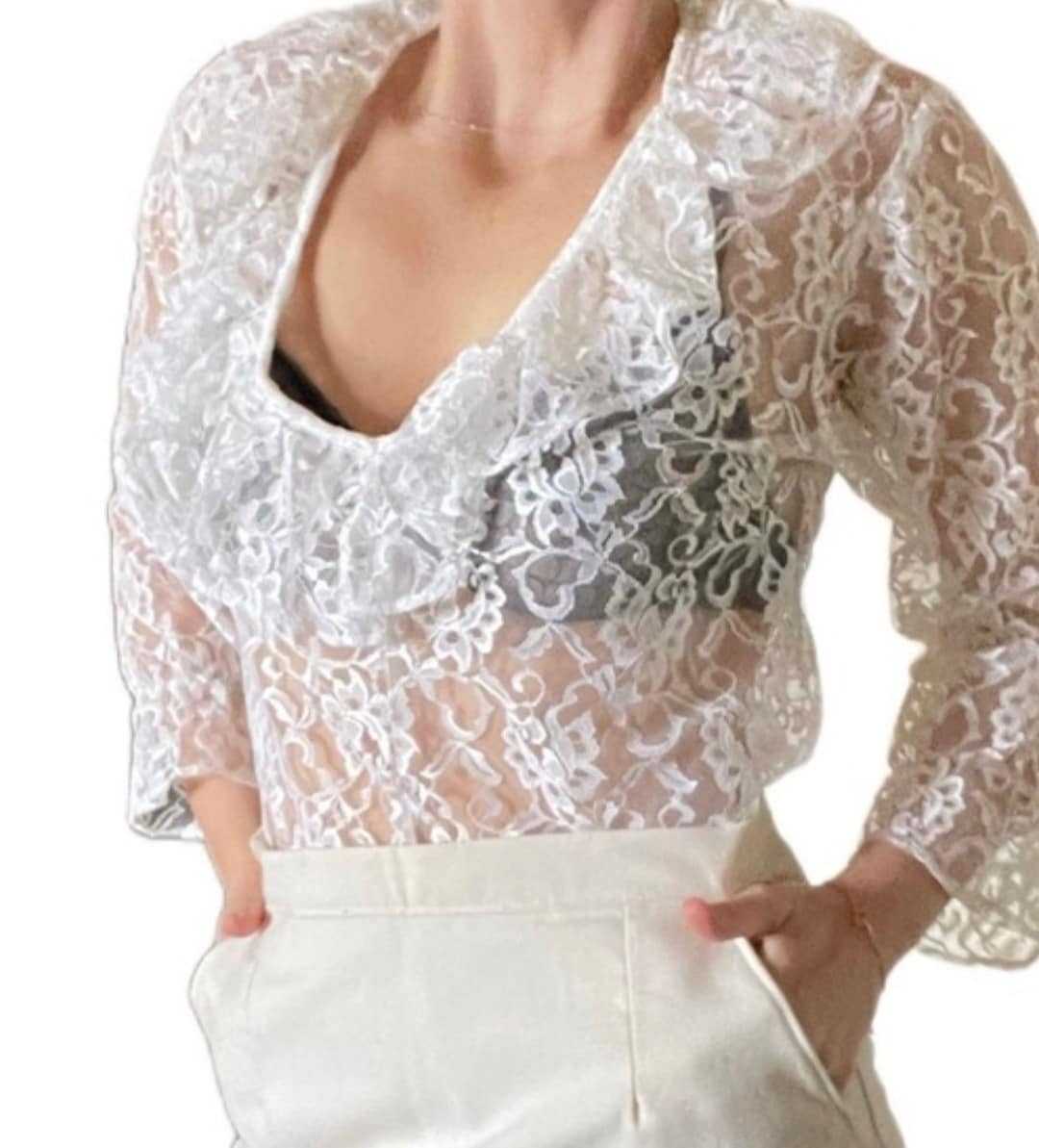 Women's Boho Sheer Lace Blouse with Bell Sleeves main image 1