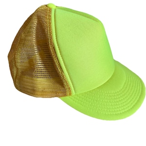 Vintage 90s Neon Yellow Foam Front Blank Trucker Hat SnapBack Adult Adjustable