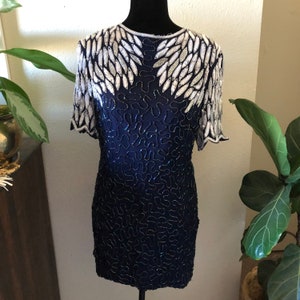 Vintage Mid Century 1950s Sequin & beaded Shift Dress Navy and Silver Metallic Wing Shape