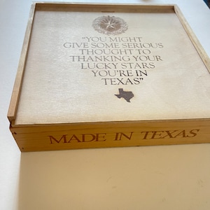 RARE hand etched wooden SLIDE LID keepsake box Made In Texas State Liquor wood 11”x11”x3”
