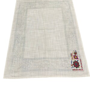 Vintage 100% Beige Linen And Handpainted Floral Accent Table Cloth Fabric 50x62“ tablecloth
