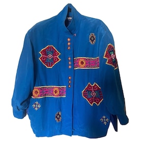 Vintage Adam Douglass Adrianna Papell Blue Silk Embroidered Patchwork Jacket Retro Art to Wear Bomber Festival Button Down Blouse