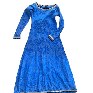 Floor length cerulean blue maxi long sleeve kalidar a line evening dress Bridgerton style long sleeved