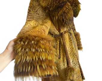 SALE Rare vintage 1970s 100% authentic lamb skin Racoon Fur trim Yellow coat Art To Wear burning man festival Penny Lane winter custom dyed