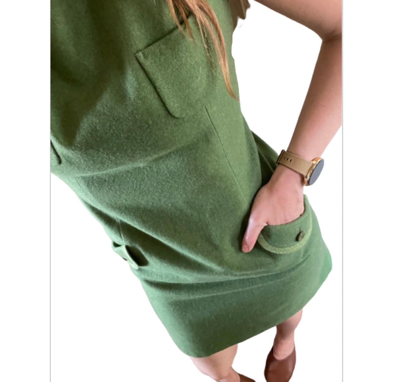 Vintage designer Mod Style Front Pockets jaeyoon jeong wool sleeveless green dress Wool Jumper shift
