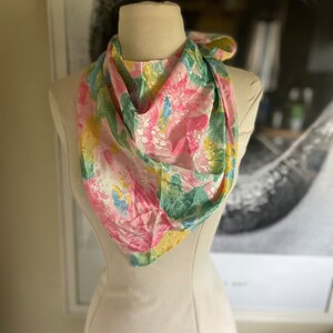 Vintage 1980s floral pink and green Bandana large neck scarf silky 38x20”