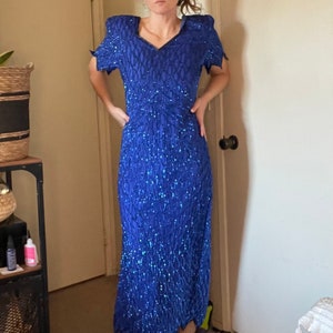vintage gatsby style beaded long maxi gown 80s laurence kazar Blue 100% Silk short sleeve