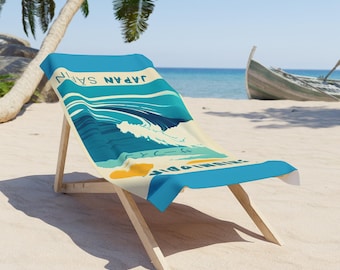 Retro Japanese Surf Beach Towel, Ocean Wave, Uchiumi Point Towel, Japan Travel Gift, Summer Vacation Towel, Vintage Surf Style