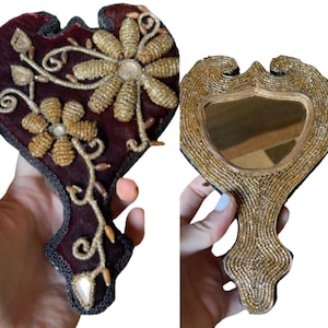 Antique vintage 1920s beaded vintage hand mirror velvet abstract shape Victorian