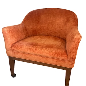 RARE VINTAGE designer Martin Brattrud Orange Crushed Velvet 1970 Russet Armchair Rolling Wheels