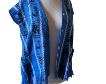 blue and black knit kilim button up vintage fringe vest top sz medium womens unisex  Poncho Festival Burning Man