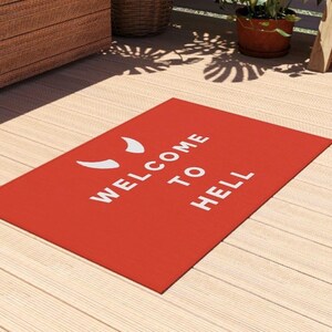 Funny Welcome Mat Welcome to Hell Devil Horns Door or Outdoor Rug Front Door Red