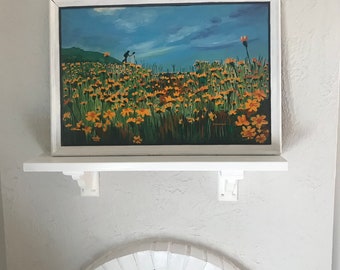 Large Oil on Canvas artist Shannon Daigle Original Painting 1975 Vintage Hippies in Flowers, Rare Find Wedding Gift Flower Field Sunflowers