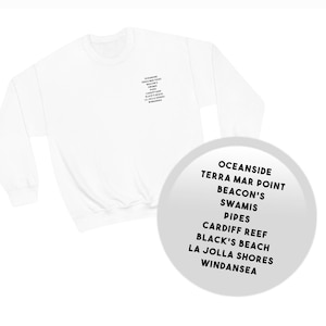 San Diego So Cal California Surf Breaks Listed Minimalist Unisex Heavy Blend Crewneck Sweatshirt Various Colors La Jolla