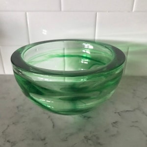 Antique Kosta Boda luxury handmade hand blown green glass mid century bowl decorative