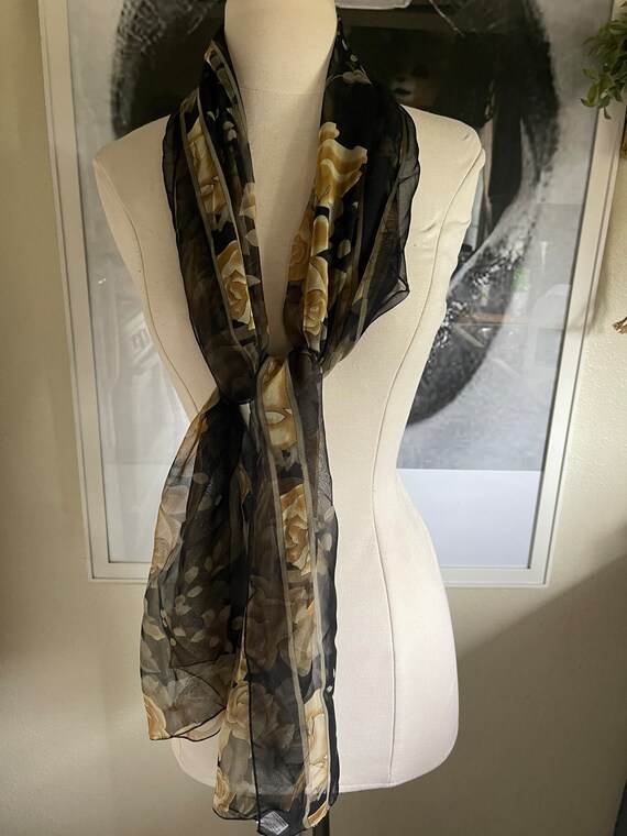 Vintage silk feel floral beige black long scarf 19