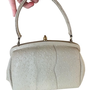 Bolso de mano con asa superior de piel de avestruz auténtica color crema, años 50, vintage, bolso de médico, México