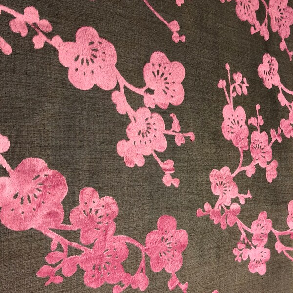 Fuchsia Pink Cherry Blossoms Pattern Burnout Velvet Upholstery  Fabric Remnant