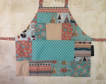 Fully Reversible Patchwork Apron, Peach & Turquoise  Multi-Patchwork Cotton Apron With Pockets- Unique Handmade Apron