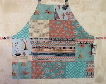 Fully Reversible Patchwork Apron, Peach & Light Turquoise  Multi-Patchwork Cotton Apron With Pockets- Unique Handmade Apron
