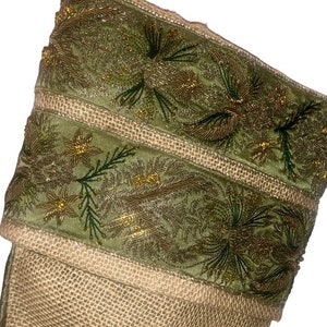 Best Christmas Stocking  - 18&quot; Safi Metallic Embroidered Hand Painted Silk and Burlap Christmas Stocking - Green