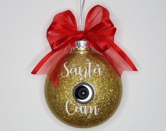 Santa Cam Ornament, Gold with Red Bow