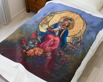 Our Lady of The Joyful Mysteries Rosary Plush Velveteen Blanket - Catholic Gifts