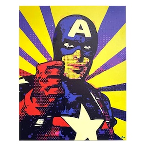 May include: A pop art style illustration of Captain America in a blue, red, and white costume with a yellow background. The image has a retro comic book feel.