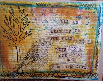 Mary Oliver Quote on Bird Art Card