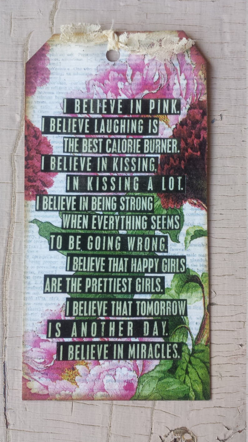 I believe in pink art tag with quote by Audrey Hepburn | Etsy