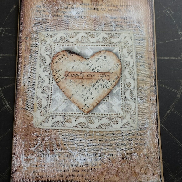 Happily Ever After Art Card PRINT using vintage lace, paper, metal, doilies - this is not an original piece