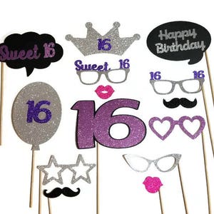 SWEET 16 Photo Booth Props- 14pc Photo Booth Props With Glitter- Pick Your Glitter Color